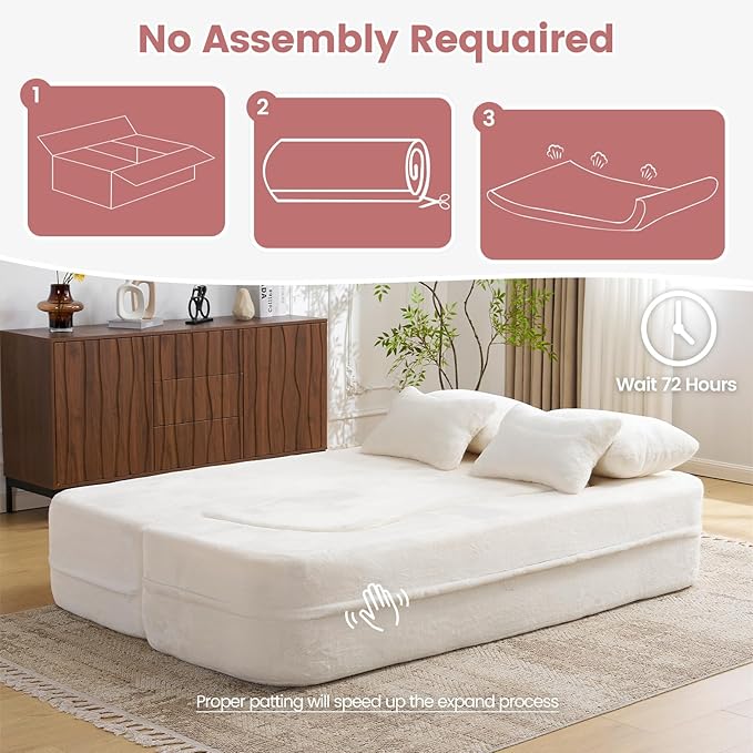 Orynveela Convertible Folding Sofa Bed, 78” Full Size Floor Sleeper Couch, Chenille Full Foam Curved Back Futon Loveseat for Living Room Bedroom, No Assembly (Beige White)