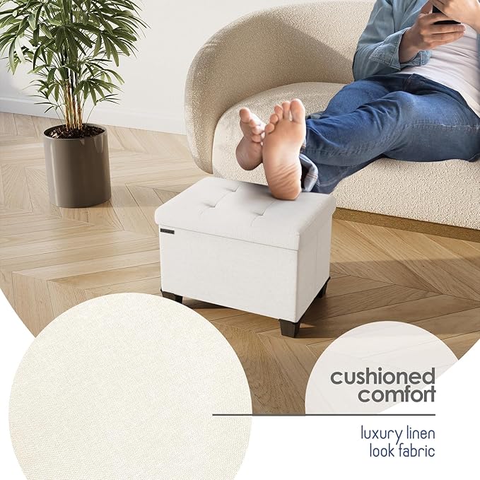 Storage Ottoman Cube with Small Bin, 16-in Square Ottoman with Storage for Living Room and Bedroom, Small Ottomans Foot Rest, Fabric Foot Stools Ottomans Max 330lbs, Cream