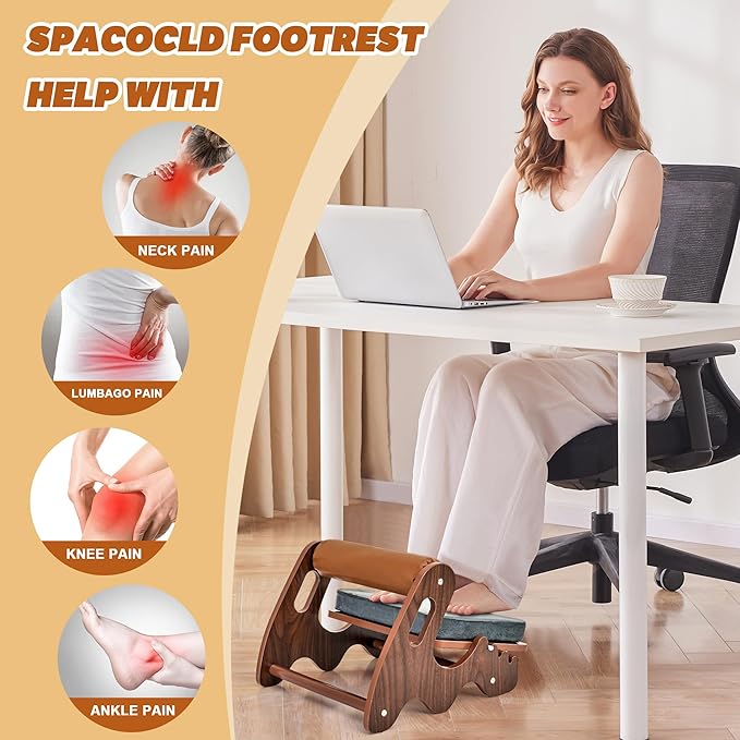 Foot Rest for Under Desk at Work- Adjustable Rocking Foot Stool with 3 Height Position and Soft Crossbar, Ergonomic Wooden Footrest with Soft Sponge Pad for Home, Office