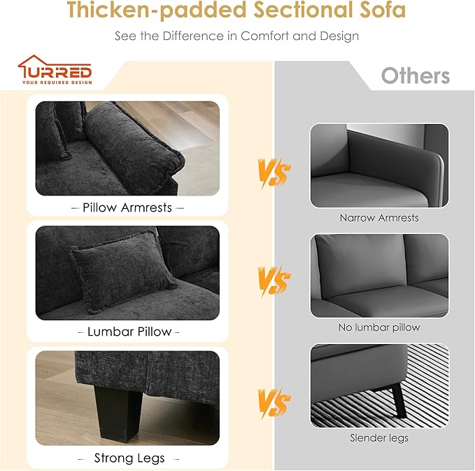 URRED Cloud Couch Modular Sectional Sofa, 87" Modern L Shaped Deep Seat Sofa with Ottoman & Pillows, Ultra Comfy Chenille Couches for Living Room, Bedroom or Apartment, Black