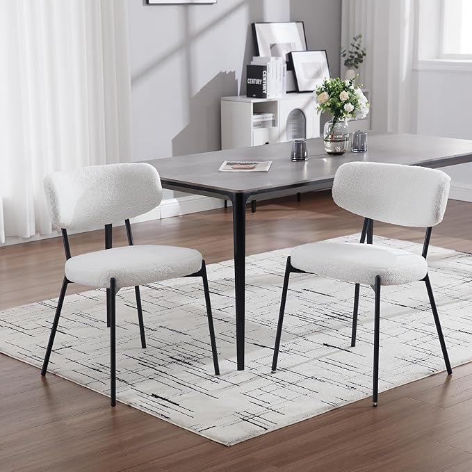 KCC Boucle Dining Chairs Set of 2, Modern Mid-Century Upholstered Stylish Kitchen Chairs Sherpa Accent Diner Chairs with Metal Legs and Curved Back for Kitchen, Dining Room(White)