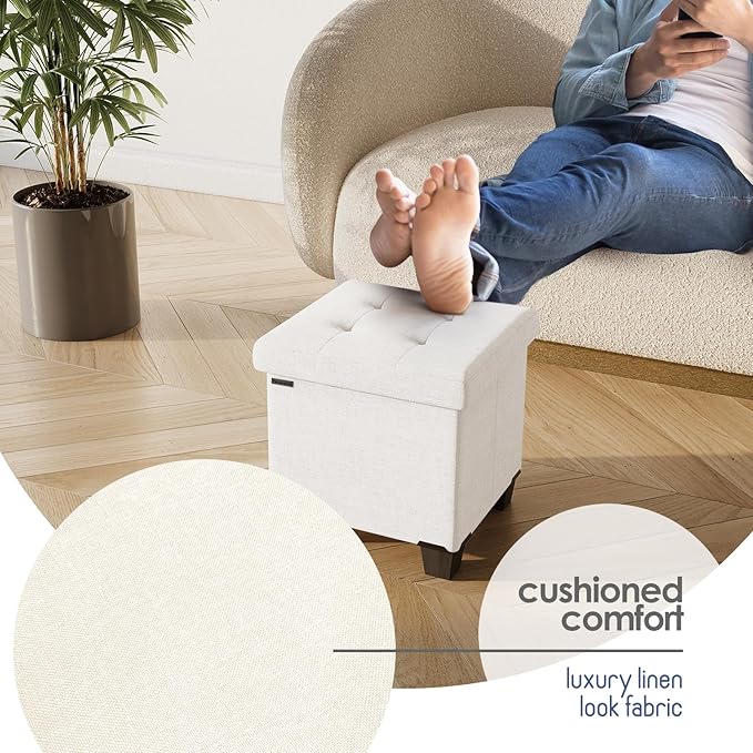 Storage Ottoman Cube with Small Bin, 16-in Square Ottoman with Storage for Living Room and Bedroom, Small Ottomans Foot Rest, Fabric Foot Stools Ottomans Max 330lbs, Cream