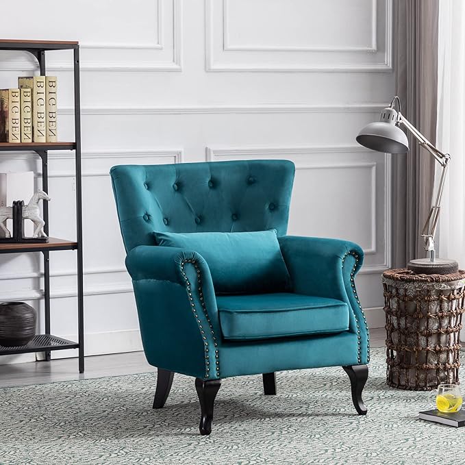 LZAREAL Accent Reading Arm Chairs Set of 2 for Living Room Bedroom, Midcentury Modern Comfy Corner Sofa Chair, Wingback Waiting Room Club Chair with Button Tufted Back &Lumbar Pillow, Velvet Teal