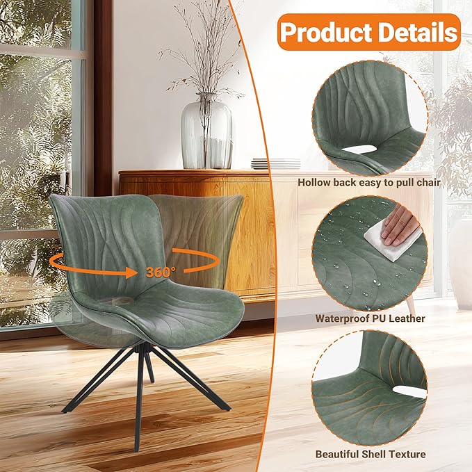 VATROS Dining Chairs Set of 6, 360° Swivel Upholstered Mid-Century Modern Kitchen Dining Room Chairs, Armless Faux Leather Accent Side Chair with Padded Back, Metal Legs for Living Room,Green