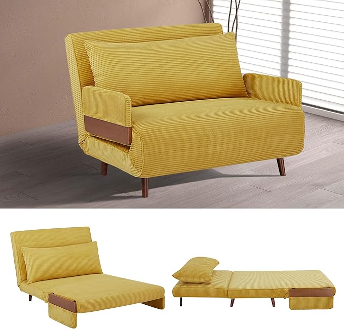 CITTANEO 42" Convertible Sleeper Chair, 3-in-1 Chair Bed Sleeper for Adults with Adjustable Backrest, Pillow & Wooden Arms, Loveseat Sofa Bed for Apartment, Office, Mustard Yellow