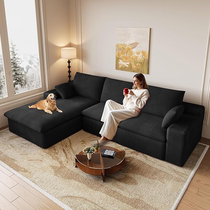 107 Inch Cloud Sectional Couch, Modern Modular Sectional Sofa with L-Shape Chaise, Corduroy Boneless Couches with Deep Seat for Living Room Bedroom, No Assembly Required (Black, Left Facing Chaise)