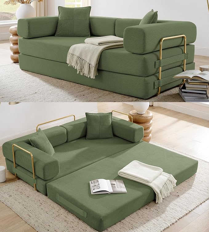 78" Convertible Sleeper Sofa Bed, Corduroy Folding Sofa Bed with Fixed-Shape Frame, Fold Out Floor Mattress Couch, Lazy Compression Sofas for Living Room, Bedroom, No Assembly Required, Green