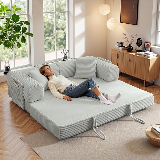 Chorlenimi Boneless Couch Futon Sofa Bed Sectional Couches for Living Room,Cloud Couch with Sleeper Sofa,Sofas for Living Room Oversized Corduroy Upholstered (Light Grey, 81 Inches (with Iron Frame))
