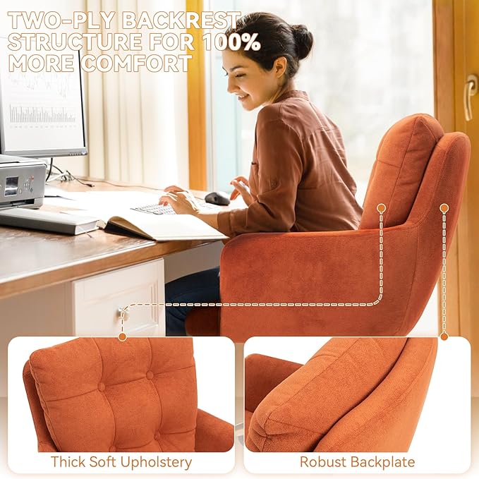 BALIAA Flannel Office Chair, Comfy Home Office Desk Chairs with Lumbar Support, Modern Velvet Desk Chair Gold Legs Small Swivel Task Chair for Home Office, Bedroom, Study (Orange, L)