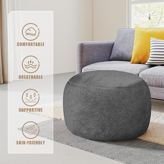 Gericco Round Pouf Ottoman Foot Rest, 29 X 18Inch Floor Poufs Footstool, A Round Modern Foam Filled Foot Stool for Living Room, Home, Nursery, Dorm, Outdoor (Grey, 29Inch)