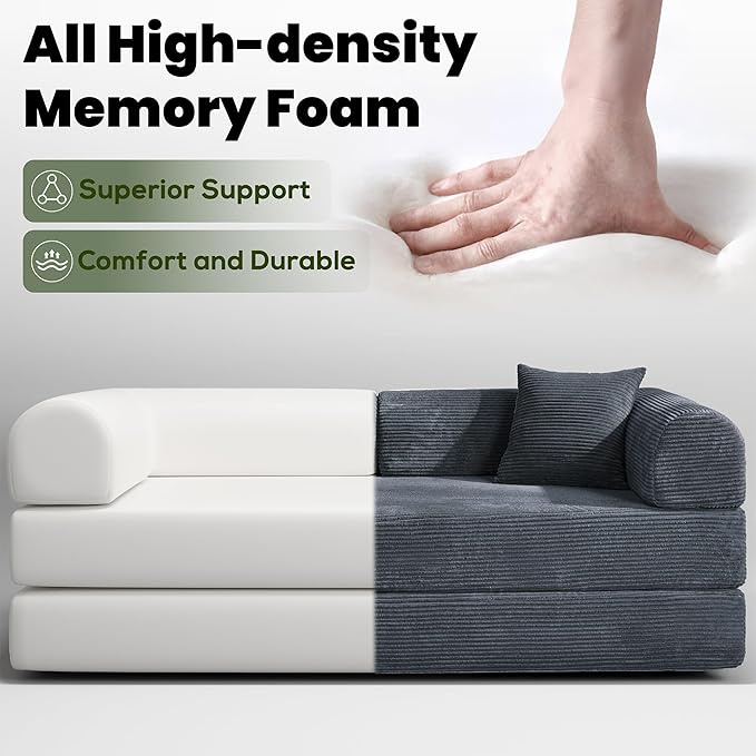 Convertible Sleeper Sofa Bed, 78" Corduroy Foldable Boneless Modular Couch, Memory Foam Compressed Sofa in A Box With Plush Fabric Comfy Floor Lounge Couch for Living Room Apartment Bedroom,Dark Gray