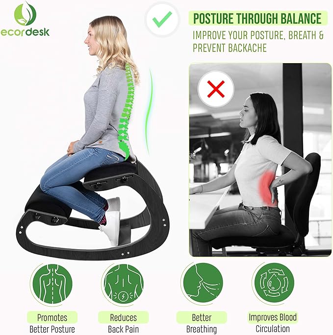 Ecordesk Ergonomic Kneeling Chair, Adjustable Seat - Office Chair for Desk, Posture Corrector, Premium Comfort Cushion, Wooden Rocking Knee Chair (Black Frame)