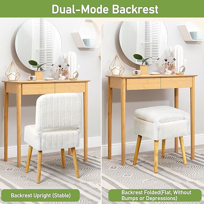 Vanity Stool Chair with Storage and Folding Backrest, White Soft Faux Rabbit Fur Upholstered Footstool, 4 Solid Wood Legs with Anti-Slip-Scratch Foot Pads, Furry Padded Seat for Makeup, Bedroom