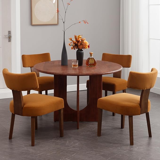 RIVOVA Velvet Dining Chairs Set of 4 Modern Dining Chair with Wood Legs, Upholstered Dining Chairs for Dining Room, Kitchen, Vanity, Living Room, Yellow Brown
