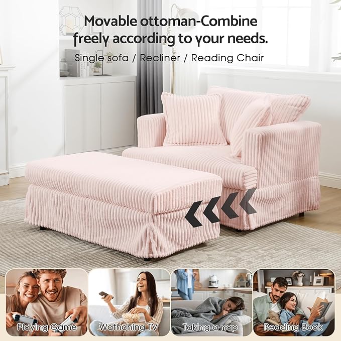 Indoor Chaise Lounge Chair with Ottoman, Comfy Faux Fur Plush Corduroy Lounge Sofa, Modern Cloud Couch Chair with Wide Armrests (Pink (No Storage))