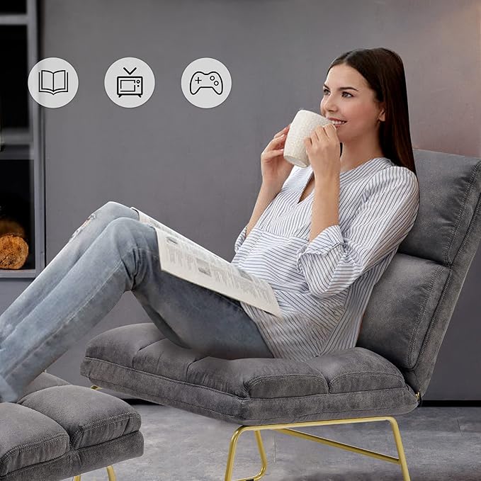MCombo Accent Chair with Ottoman Set, Modern Armless Chair for Living Room, Bedroom, Small Space 4013 (Heat-Stamped Fabric, Grey)