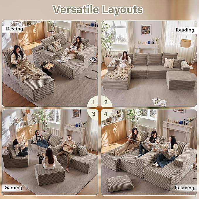 Lakifun 135" L-Shape Sofa with Ottoman, Modern Modular Sectional Comfy U-Shape Cloud Couch, Deep Seat, Upholstered Corduroy Sleeper Chaise Longue for Living Room Bedroom, No Assembly Required, Camel