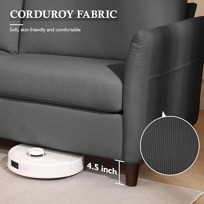 Corduroy Loveseat Sofa, Modern Comfy Couches with Side Pocket, Cloud Sofa Couch for Living Room, Bedroom and Small Spaces,Grey