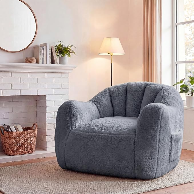 Homkdom Bean Bag Chair, Giant Bean Bag Chairs for Adults, Shell-Shaped Bean Bag Couch with Armrests & Side Pockets, Comfy Beanbag Lazy Couch Reading Chair for Bedroom, Living Room, Bluegrey