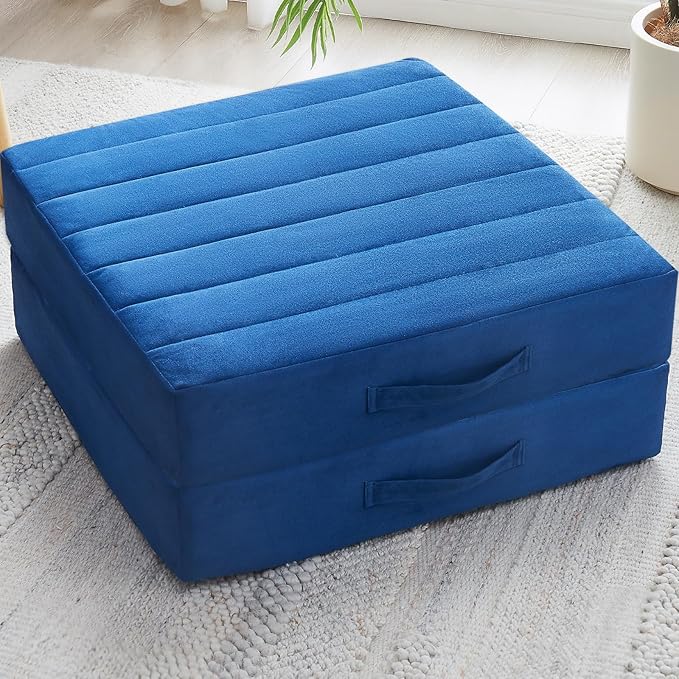 JKMAX 2 Pcs High Density Foam Floor Pillow - Upgraded Large Pillows Seating for Adults - Outdoor Floor Cushion with Soft Tufted Cover - Yoga Pillows for Sitting On Floor - 22 Inch Navy Blue