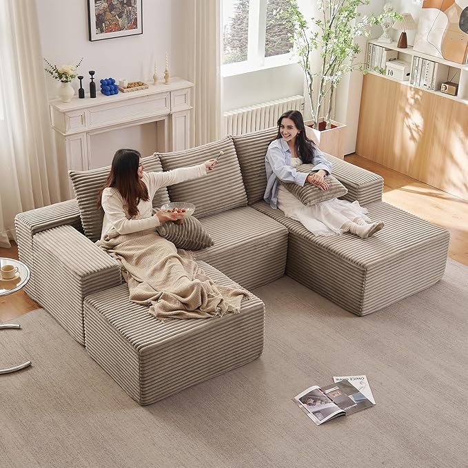 Lakifun 107" U-Shape Cloud Couch, Modern Modular Sectional Comfy L-Shape Sofa with Ottoman, Deep Seat, Upholstered Corduroy Sleeper Chaise Longue for Living Room Bedroom, No Assembly Required, Camel