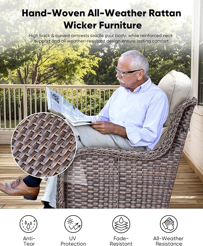 HUMMUH 6 Pieces Patio Furniture Set with Fire Pit High Back Outdoor Furniture Set 6-inch Cushions Wicker Patio Swivel Rocker Chairs for Balcony Garden,Lawn,Deck