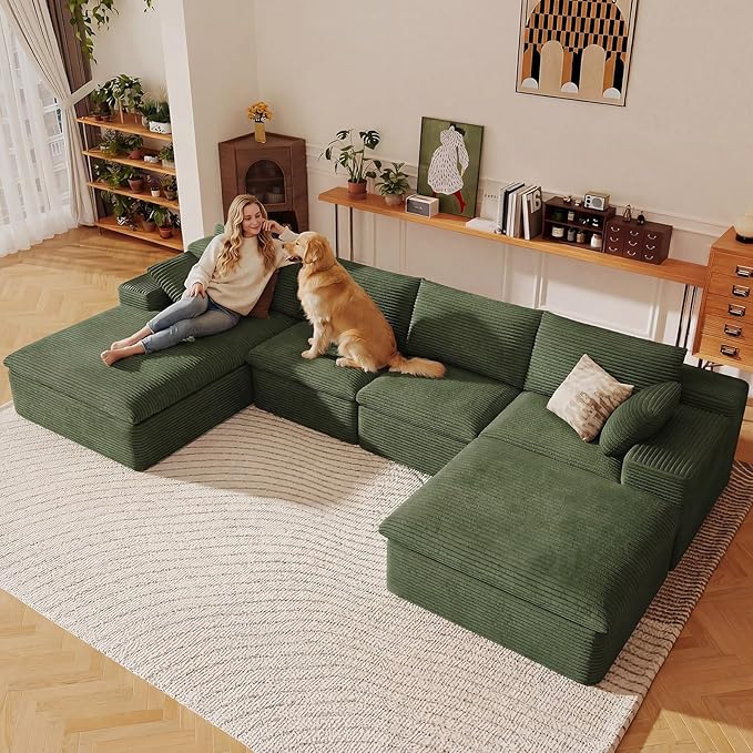 136" Cloud Sectional Couch with U-Shaped Chaise,Corduroy Viral Boneless Sofa with Ottoman,Memory Foam Couches in a Box with Deep Seat for Living Room,No Assembly Required (Green,Left-Facing Chaise)