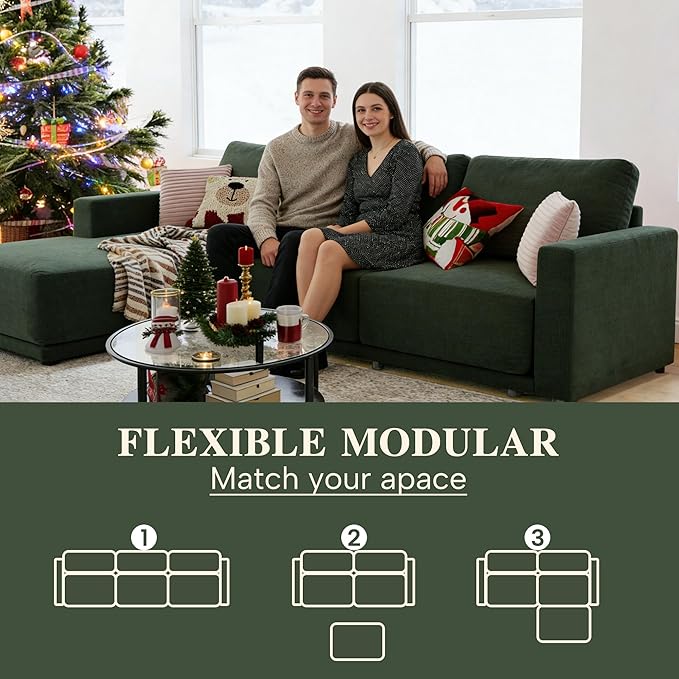 CAPCAPA 112" Modular Sectional Couches for Living Room, L-Shaped Modern Sofa with Ottoman, 4-Piece Chenille Sofa Set for Home Furniture, Dark Green