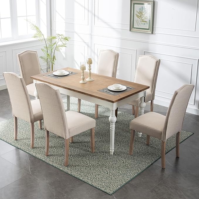 SNUGWAY Upholstered Dining Chair Stylish Parsons Kitchen High Back with Silver Nailhead Trim & Wood Legs, 6-Pack, Fabric Beige