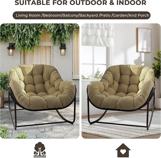Sgentle Papasan Rocking Chair Outdoor, Oversized Patio Rocking Chair with Cushions & Steel Frame, Wicker Egg Lounge Chair Indoor, Comfy Reading Chair for Patio, Deck, Porch (Khaki, Style 1)