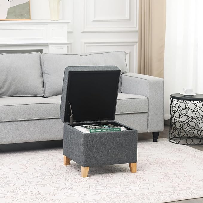 Adeco 17.5" Square Fabric Ottoman with Storage, Upholstered Cotton Linen Foot Rest, Flip Top Footstool, Small Cube Coffee Table Extra Seat for Living Room, Bedroom, Grey with Burlywood Legs