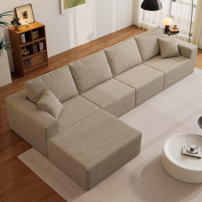 139" Boneless Cloud Sectional Sofa, Modular L-Shaped Couch with Deep Seats, Compressed Frameless Corduroy Sofa in Boxes, No Assembly Required, 4-Seater with Right-Facing Chaise, Grey