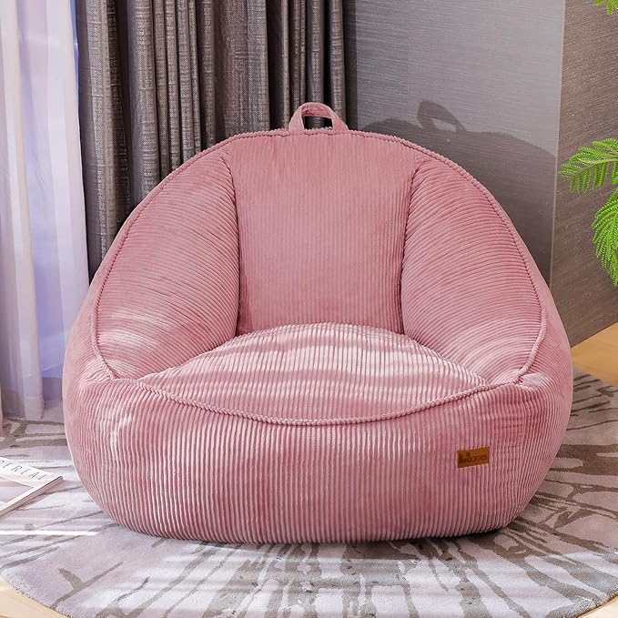 Giant Bean Bag Chair for Adults, Teens and Kids, Cozy Fluffy Corduroy Beanbag Chair with Filler, Large Floor Lounge Sofa for Living Room, Bedroom, Dorm, Gaming and Reading(L-Pink)