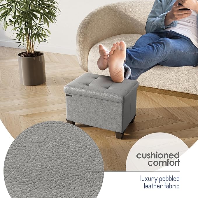 Storage Ottoman Cube with Small Bin, 16-in Square Ottoman with Storage for Living Room and Bedroom, Small Ottomans Foot Rest, Faux Leather Foot Stools Ottomans Max 330lbs, Light Grey