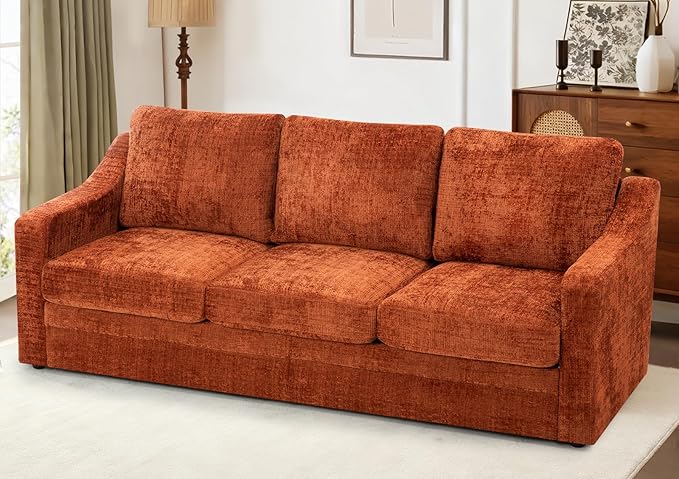 ACMEASE 83 Inches Chenille 3-Seat Sofa w/Comfortable Back Cushions, Modern Sofa w/Deep Seat Space, Upholstered 3 Seater Couch w/High Resiliency Foam for Living Room, Orange