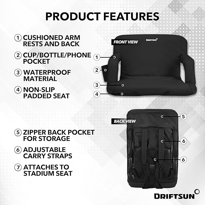 Driftsun 1 Pack Extra Wide Stadium Seats with Back Support - Deluxe Foldable Stadium Chairs for Bleachers - Folding Waterproof Sport Chair - Easy to Transport