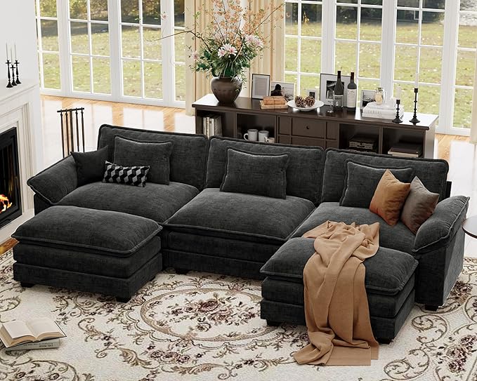 CDCASA 120" Oversized Modular Sectional Sofa, Comfy U-Shaped Cloud Couch w/ 2 Movable Ottoman, 5-Seater Chenille Deep Seat Modern Sofa Couch for Living Room, DIY Combination, Black