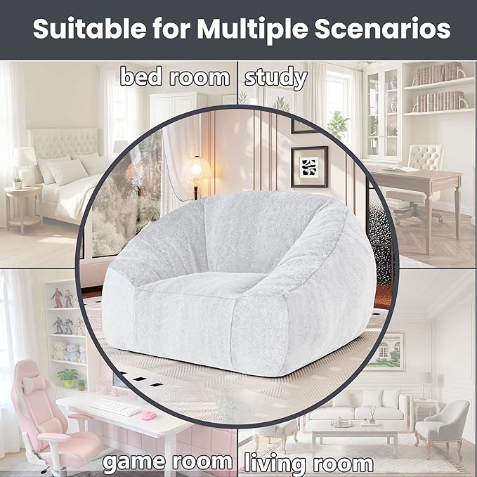 Bean Bag Chairs for Adults, Giant Beanbag Sofa Comfy Reading Chair, Oversized Bean Bag Chairs for Living Room Bedroom, Soft Faux Fur Fabric, 3.2FT, Light Grey, Plush
