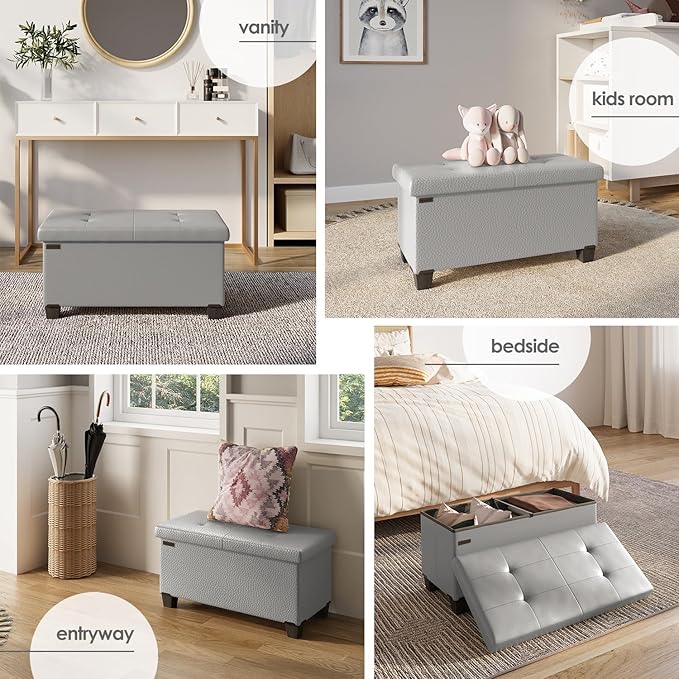 Storage Ottoman Bench with Bins, 30-in Storage Bench for Bedroom End of Bed, Folding Foot Rest Ottoman for Living Room Max 660lbs, Faux Leather Ottomans, Light Grey