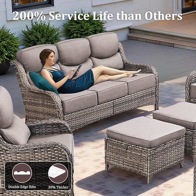 Pugire Luxury High Back Patio Furniture Set with 6-Inch Thick Cushions, 6-Pieces Outdoor Furniture with Swivel Chairs, Wicker Conversation Set for Porch, Balcony, Deck and Yard, Grey