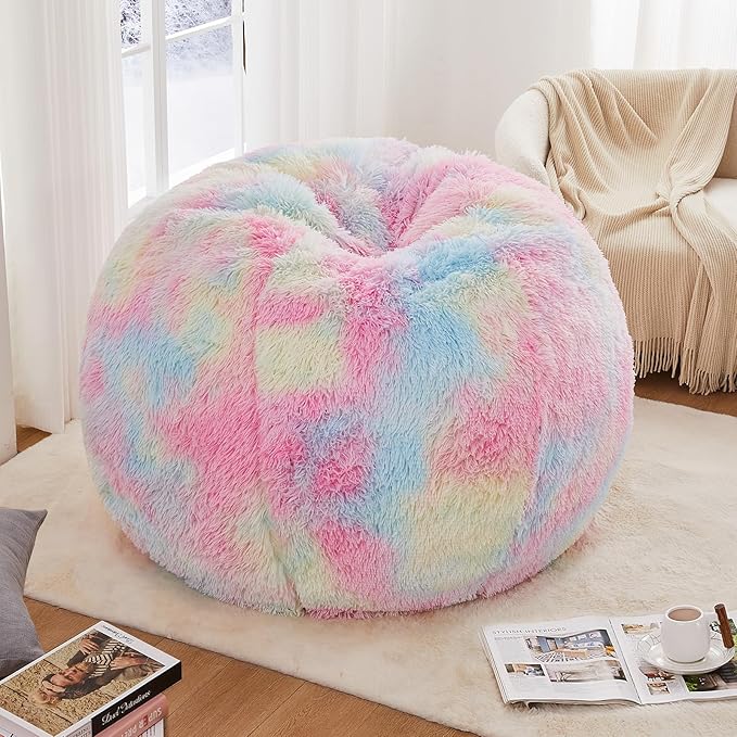 Rainbow Bean Bag Chair - Giant Bean Bag Chairs for Adults and Kids - Oversized Bean Bag Sofa Couch with Filler - Faux Fur BeanBag Furniture for Living Room Bedroom Dorm Office - 41inch