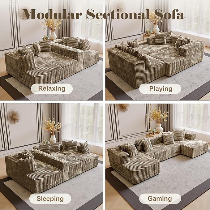 130'' U Shaped Couched for Living Room, Cloud Modular Sectional Couch with 2 Chaise Lounge, Modern Minimalist Upholstered Sofa Sleeper Deep Seat Corner Couch, No Assembly Required Light Coffee