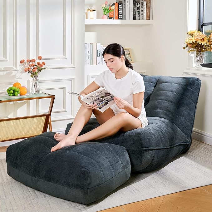 Cvortll Bean Bag Chair with Ottoman, Comfy Bean Bag Sofa with Memory Foam, Lazy BeanBag Sofa with Footstool, Fireside Bean Bag Couch for Living Room, Bedroom, Apartment (Blue Gray)
