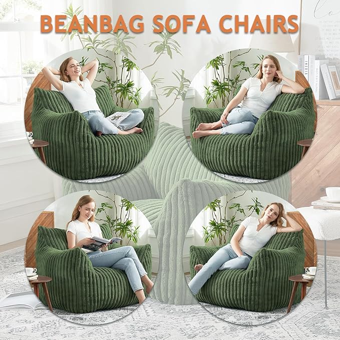 Giant Bean Bag Chairs for Adults with Filling Plush Fluffy Bean Bag Chairs for Teens with Armrests Comfy BeanBag Lazy Couch Sofa Chair for Bedroom Living Room Reading (Green, L-for Adults)