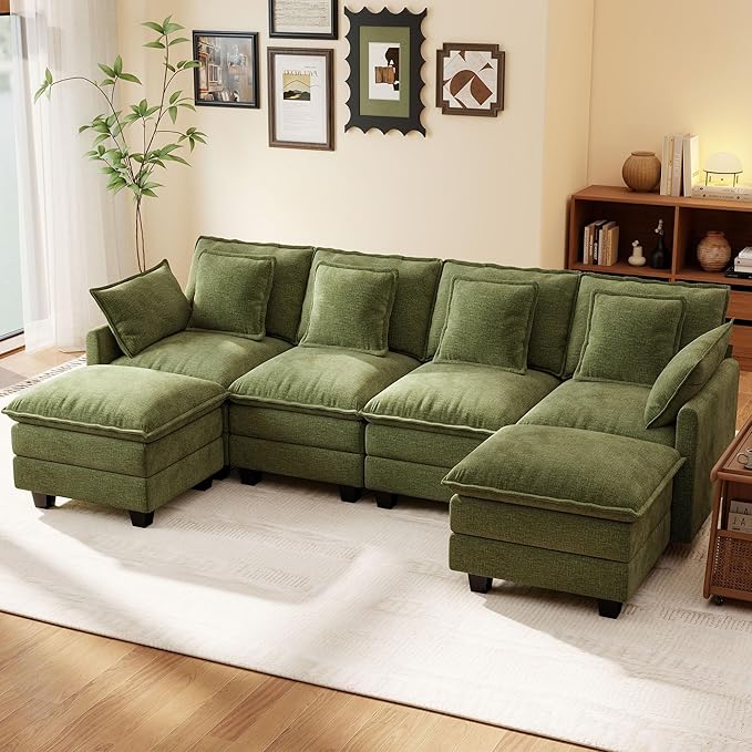 Ihanherry 106" U-Shaped Modern Sofa Modular Sectional Cloud Couch 6-Seat Chenille Seat Sofa with Ottoman for Living Room, Bedroom and Apartment, Green