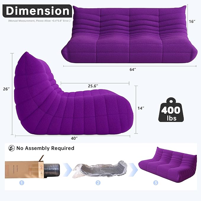 Bean Bag Chairs for Adults, BeanBag Reading Chair Memory Foam Couch 3-Seater, Floor Chair Soft Teddy Material, Comfy Reading Nook Chairs for Bedroom Living Room Office (Purple)