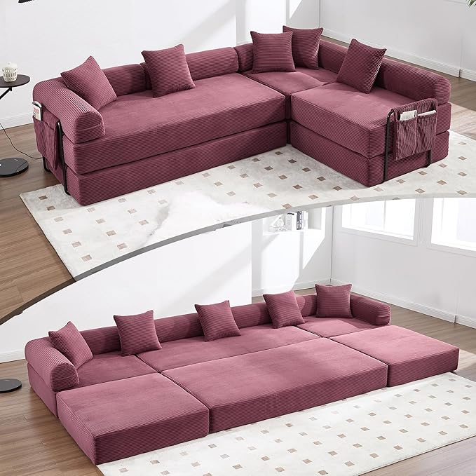 L Shape Convertible Sofa Bed with Cylindrical Pillow and Storage Pocket, Convertible Sofa Couch Bed with Support Frame for Living Room Bedroom Children Room-Red