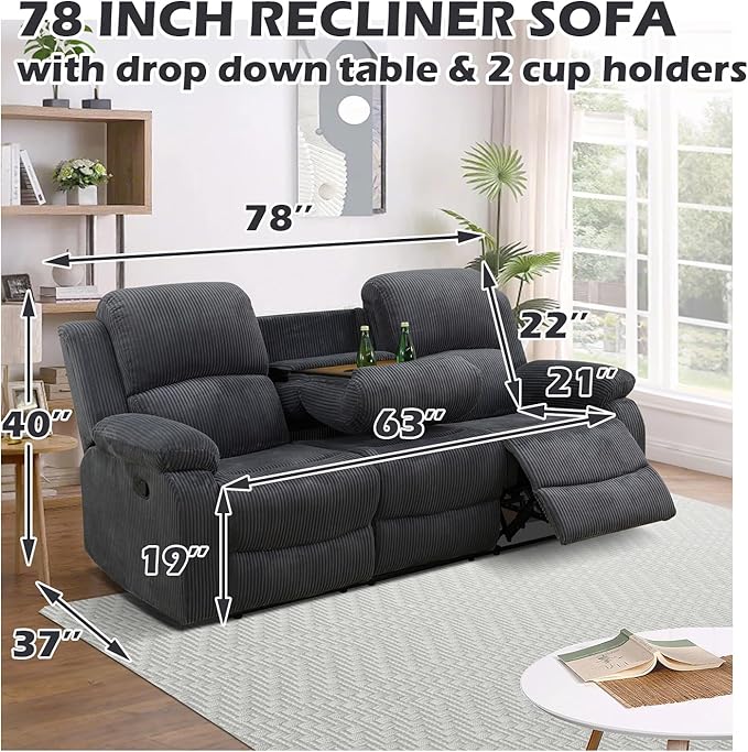 SIENWIEY Manual Recliner Sectional Sofa for Living Room,L Shaped Reclining Sectional Corner Couch with Sofa,Gray Corduroy Recliner Sofa Set with Storage Console/Drop Down Coffee Table/Cup Holders