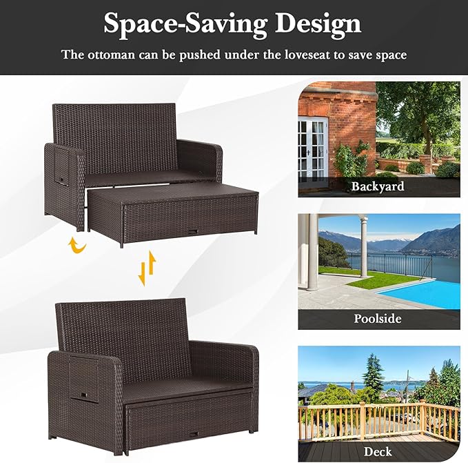 RELAX4LIFE Wicker Patio Outdoor Daybed - Rattan Day Bed Lounger w/Loveseat & Storage Ottoman, Sunbed Sofa Set w/Cushions, 4-Level Adjustable Backrest & 2 Retractable Trays, Patio Daybed (Grey-Brown)
