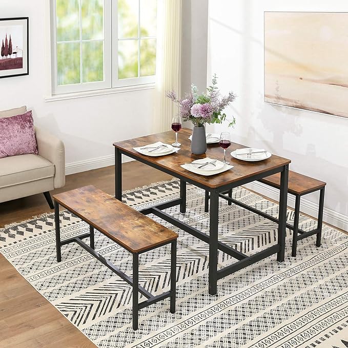 VASAGLE Dining Bench, Pair of 2, Industrial Style, Steel Frame, for Kitchen, Living Room, 12.8 x 42.5 x 19.7 Inches, Rustic Brown + Black，UKTB33X